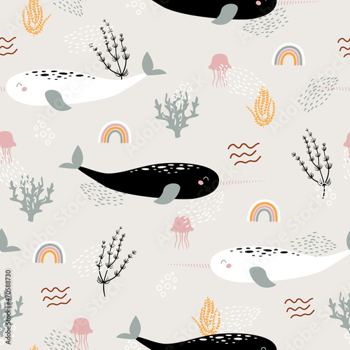 Narwhale, jellyfish and rainbow seamless childish pattern with beige background. Hand drawn repeat pattern for wrapping, fabrik, textile or paper projects. Vector illustration.