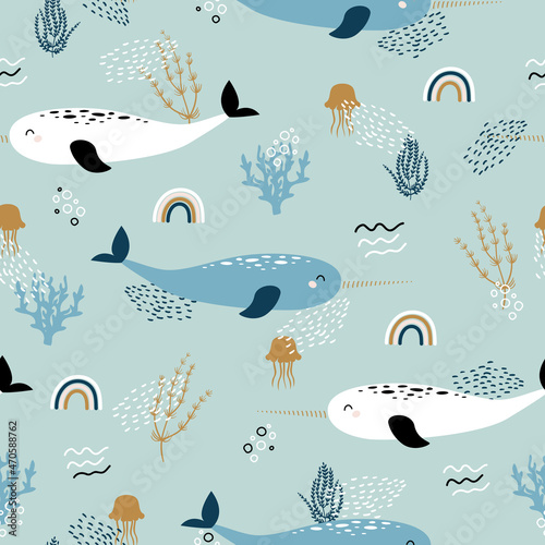 Narwhale, jellyfish and rainbow seamless childish pattern on turquoise background. Hand drawn repeat pattern for wrapping, fabrik, textile or paper projects. Vector illustration.