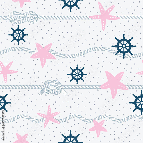 Maritime seamless repeat pattern with starfish, rope and steering wheel in pink and blue.Perfect for wrapping, textile and design projects, Vector illustration.