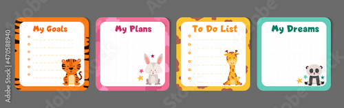 Kids stationery animals set with memo planners, to-do lists with cute illustrations, template for planners, day agenda, checklists.