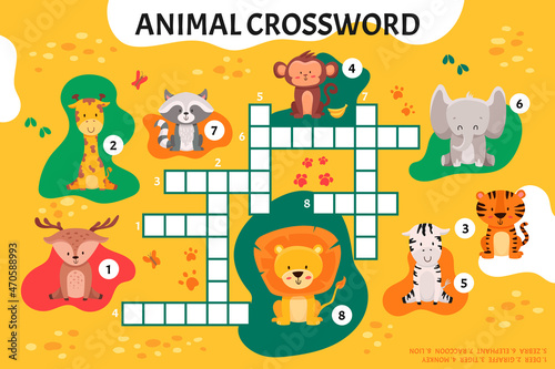 Animal crossword in english. Educational activity for kindergarten preschool  school game. Learning english language. Cartoon spelling puzzle test.