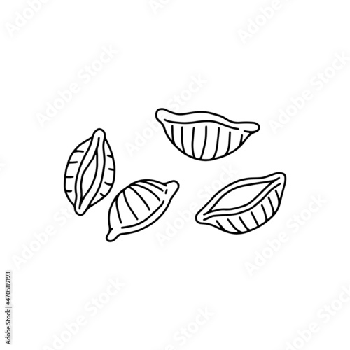 Conchiglie pasta or macaroni pieces, black line vector illustration isolated.