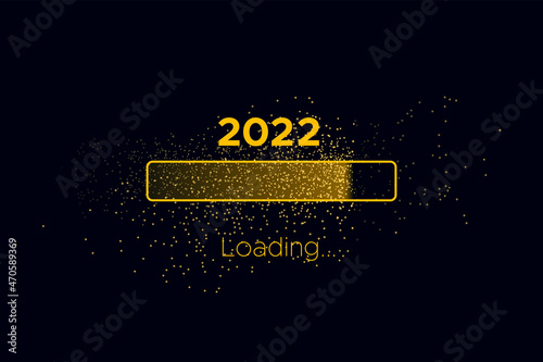 Progress bar with golden particles on black Download New Year's Eve. Loading animation screen with Glitter confetti shows almost reaching 2022. Creative festive banner with shiny progress bar