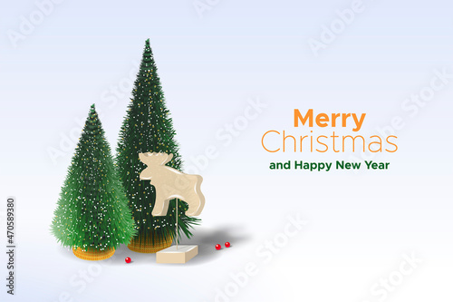Merry Christmas and Happy New Year. Xmas decorative composition, decor scene with reindeer, elk, Christmas trees and gifts in Christmas Eve