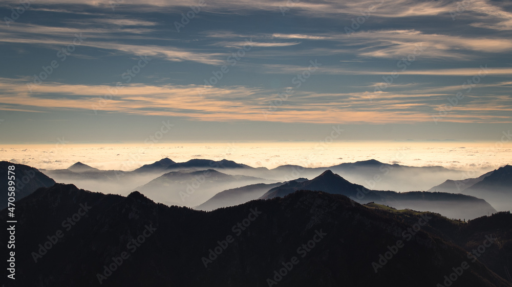 Mountain landscape shrouded in fog