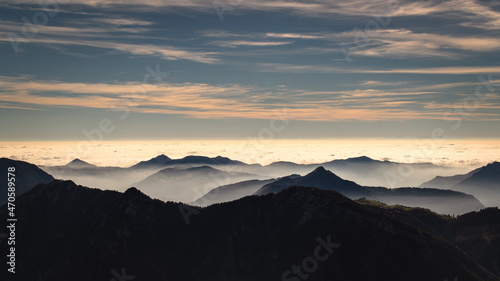Mountain landscape shrouded in fog
