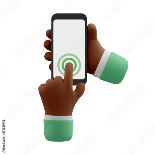 3d black skinned hand touching smartphone. Vector cartoon icon or mockup of using mobile phone. Realistic illustration for social media