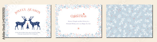 Merry and Bright Horizontal Holiday cards. Christmas, Holiday templates with Christmas tree, reindeers, bird, floral background and frames with greetings and copy space.