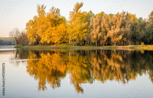 Begec, Serbia - October 30. 2021: Autumn panorama on the artificial lake Begecka jama, near the city of Novi Sad.