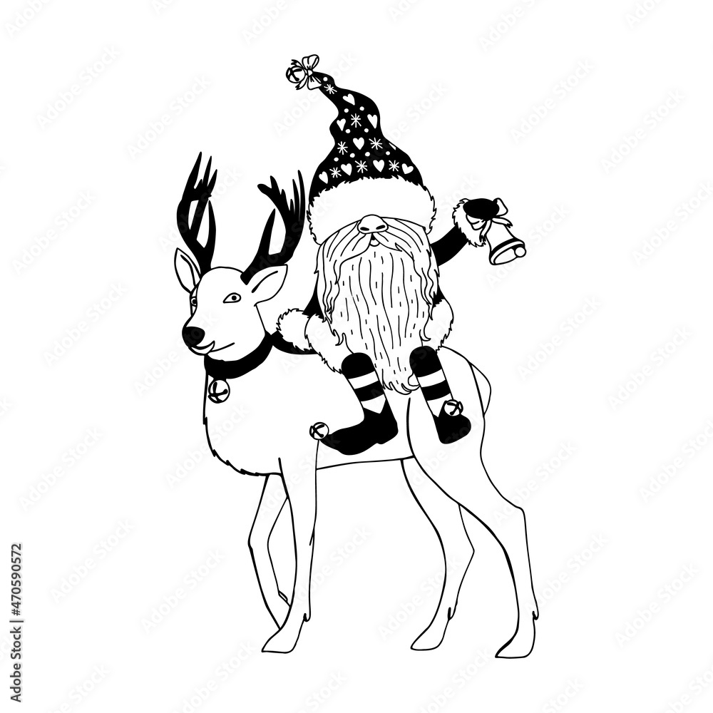 Black and white illustration of line art cartoon gnome holding gift bag. Monochrome Christmas elf. Black and white illustration of line art cartoon gnome holding gift bag. Monochrome Christmas elf.