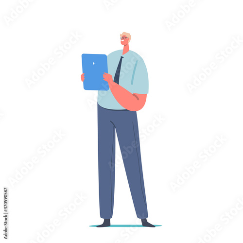 Office Character with Gadget, Good Looking Adult Man Worker or Businessman in Formal Suit Hold Tablet Pc in Hands