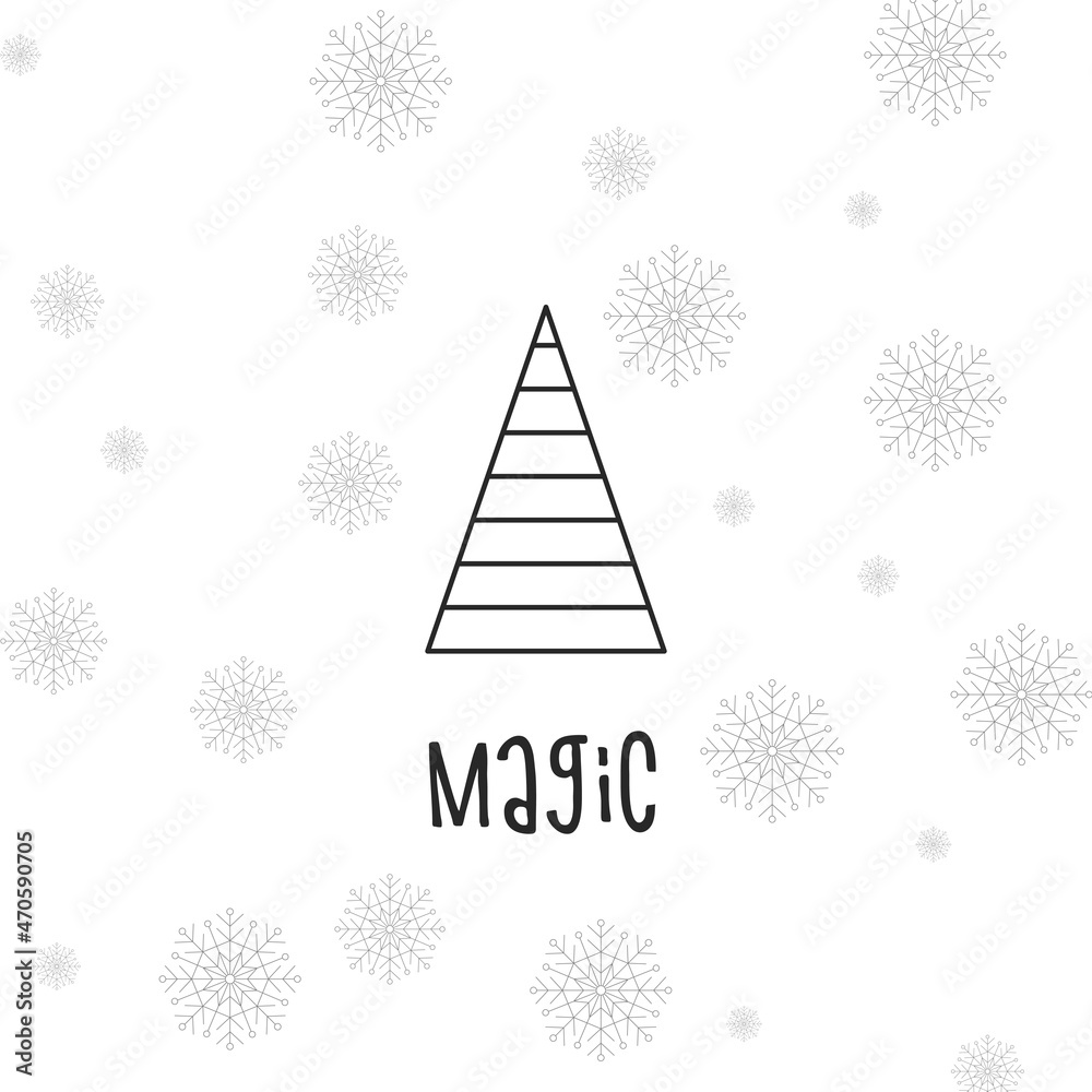 Fototapeta premium Black silhouette of a Christmas tree with snowflakes. Merry Christmas and Happy New Year 2022. Vector illustration. Magic.