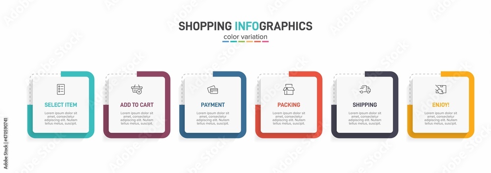 Concept of shopping process with 6 successive steps. Six colorful graphic elements. Timeline design for brochure, presentation, web site. Infographic design layout.