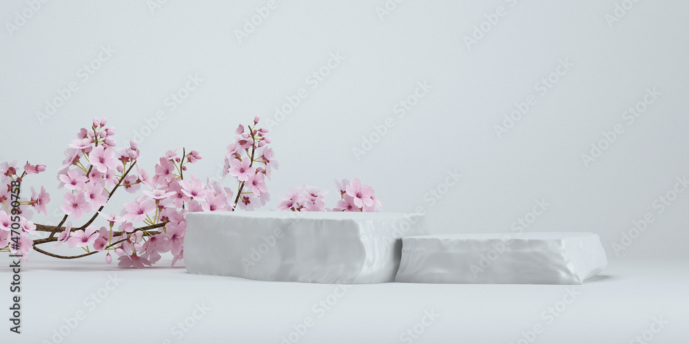 Cosmetic background. japanese style minimal stone podium and cherry blossom white background for product presentation. 3d rendering illustration.