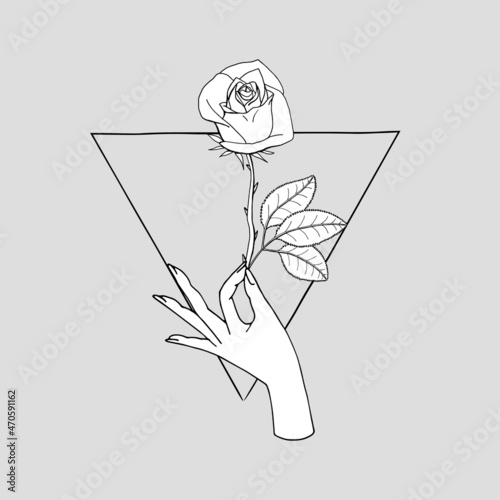 Vintage Mystic Hand holding rose flower drawing on triangle shape background.
