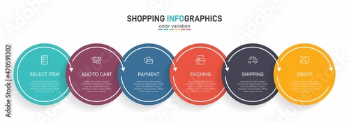 Concept of shopping process with 6 successive steps. Six colorful graphic elements. Timeline design for brochure, presentation, web site. Infographic design layout.