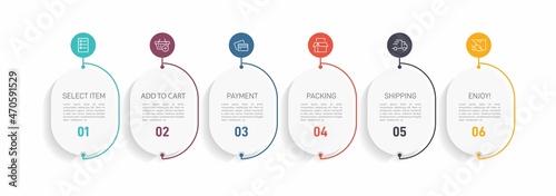 Concept of shopping process with 6 successive steps. Six colorful graphic elements. Timeline design for brochure, presentation, web site. Infographic design layout.