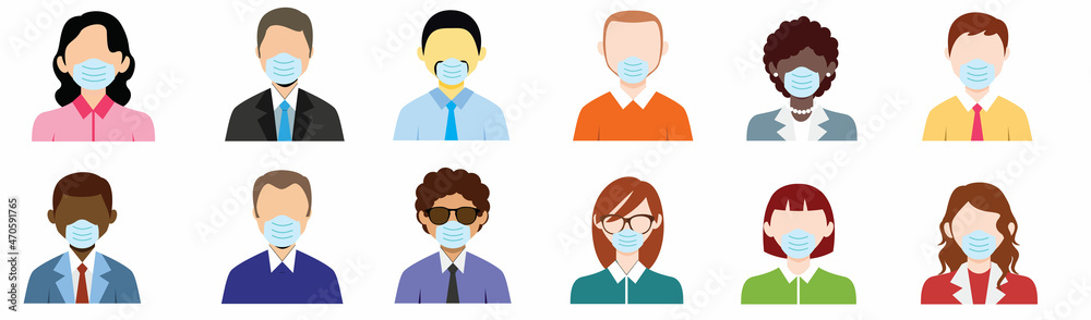 Avatar people in medical masks. Business person icon. Vector. Set office men, women. Faces corporate characters in flat design. Cartoon illustration. Team male, female workers isolated.
Avatar people in medical masks. Business person icon. Vector. Set office men, women. Faces corporate characters in flat design. Cartoon illustration. Team male, female workers isolated.