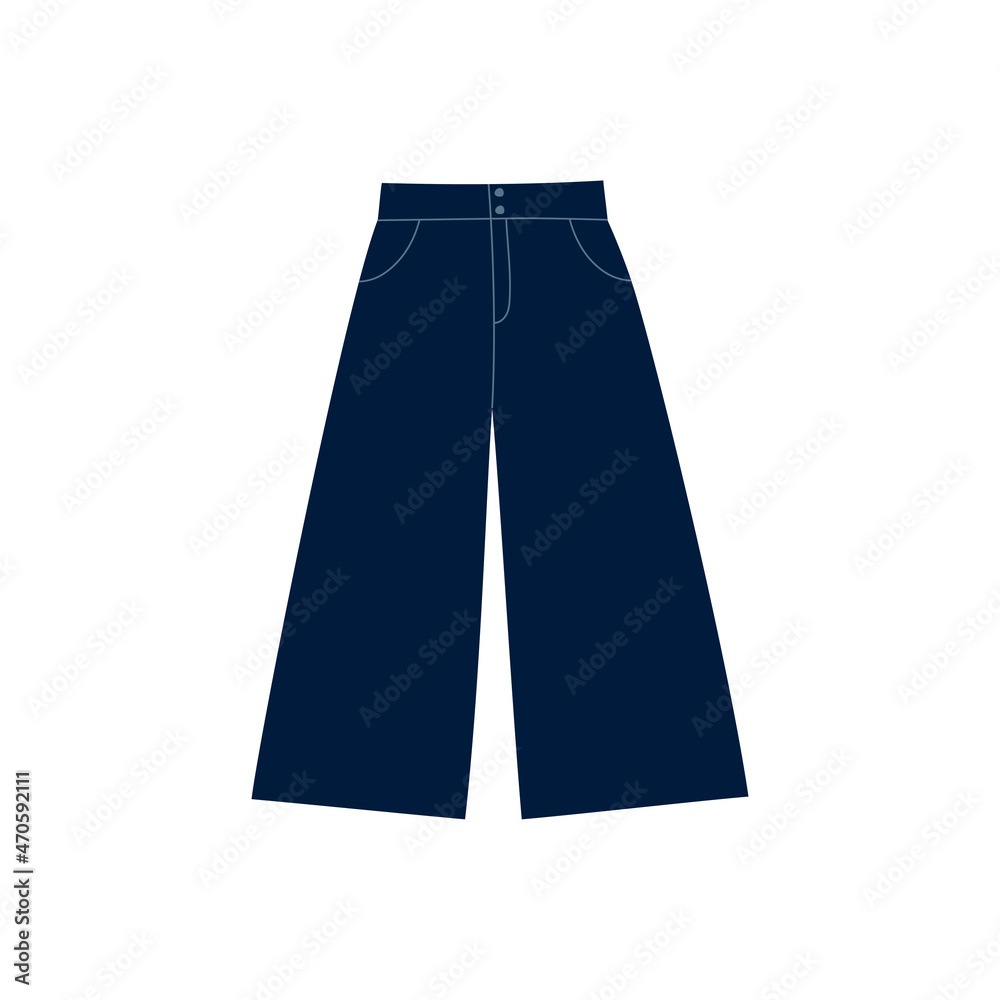 Dark blue denim culotte pants. Trousers with normal waist, high rise, calf length, wide legs and pockets. Doodle flat style. Isolated vector illustration Dark blue denim culotte pants. Trousers with normal waist, high rise, calf length, wide legs and pockets. Doodle flat style. Isolated vector illustration