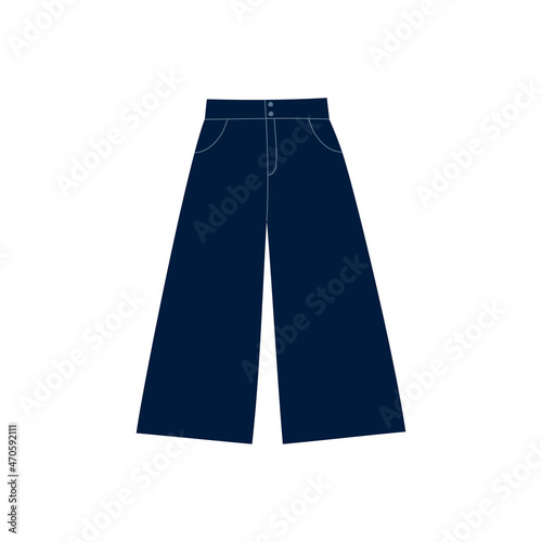 Dark blue denim culotte pants. Trousers with normal waist, high rise, calf length, wide legs and pockets. Doodle flat style. Isolated vector illustration 