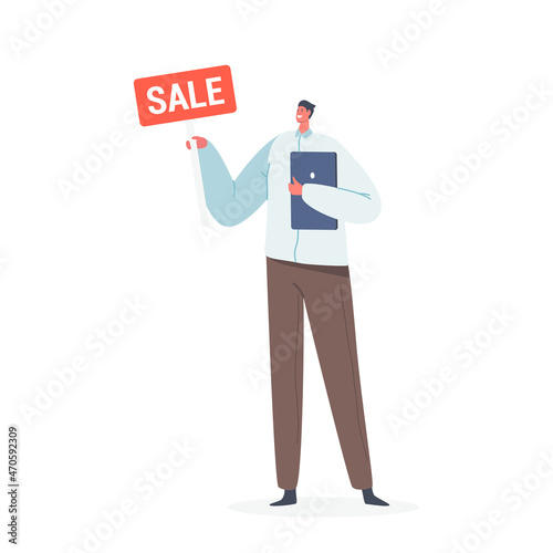 Good Looking Adult Man Retailer, Consultant Business Character Wearing Formal Clothes Holding Tablet Pc and Sale Banner