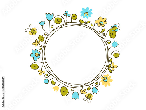 Round frame with fantasy simple flowers and leaves. Summer flower meadow. Cartoon colorful stock illustration - eps10 vector.