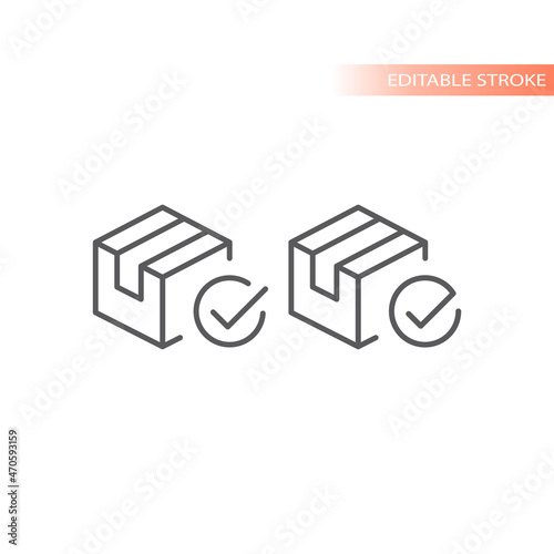 Delivery box with check mark line vector icon. Parcel and checkmark outline symbol, editable stroke.