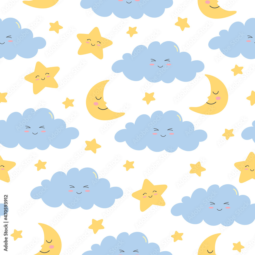 Seamless pattern of colorful smiling clouds, moon and stars on white background. Cartoon character in flat style. Vector illustration