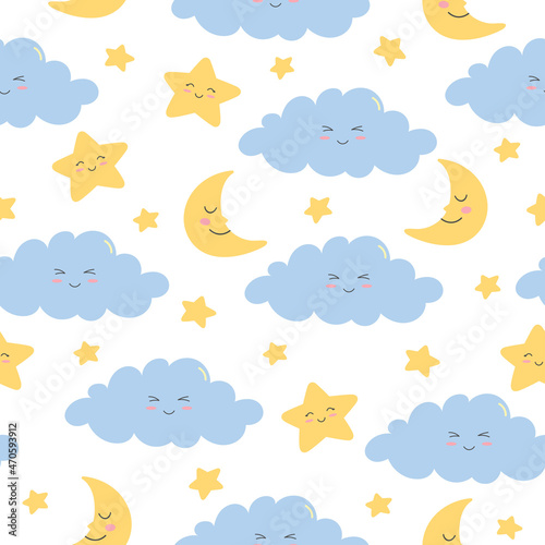 Seamless pattern of colorful smiling clouds, moon and stars on white background. Cartoon character in flat style. Vector illustration