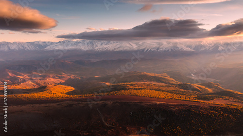 Golden autumn of Altai Republic. View of the Severo-Chuyskiy Khrebet