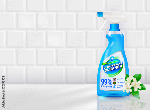 Disinfectant spray ad template Spray disinfectant to clean all surfaces, kill germs, viruses, bacteria, fungi. Product background is white wall tile. Realistic EPS file.
