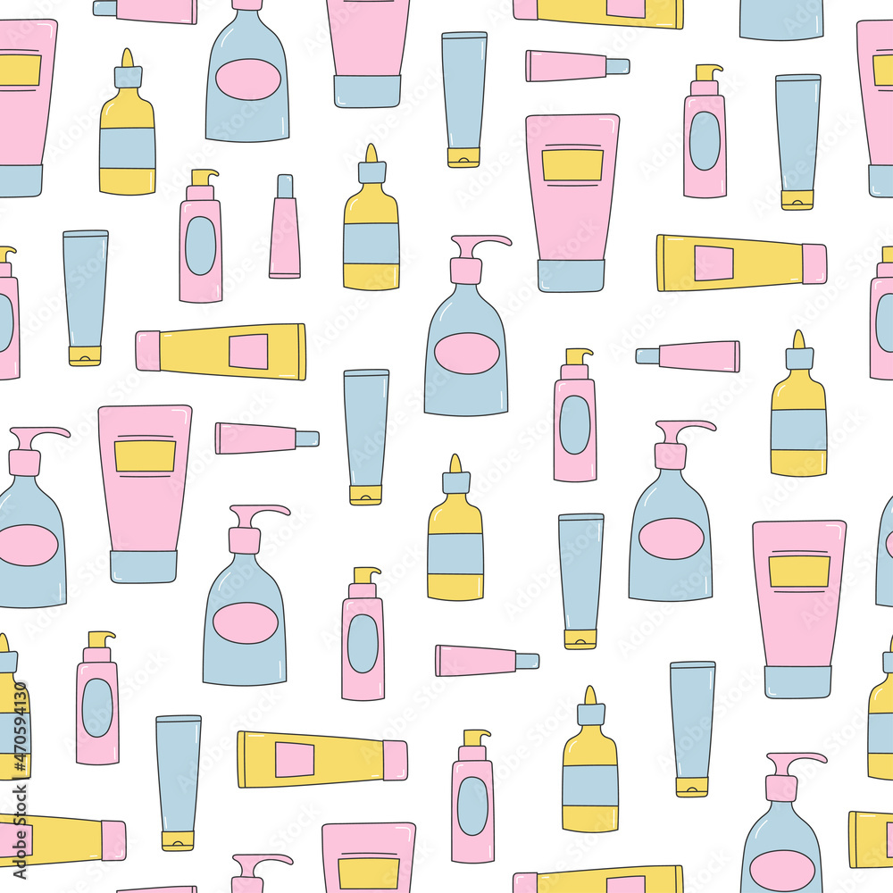 Colorful doodle bottles and tubes on white background. Cosmetic products seamless pattern. Skincare products. Vector illustration