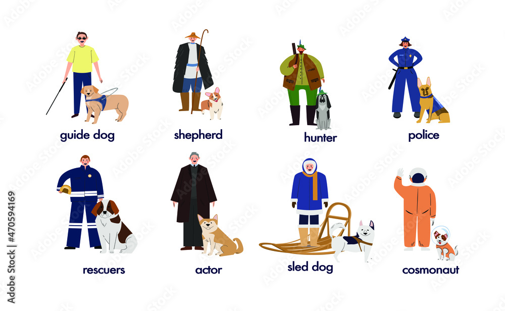 A set of service dogs. Professions of dogs. Illustration on a white background of service dogs of different breeds and people. Police dog and rescue dog. Dog are hunters and dogs are shepherds. The do A set of service dogs. Professions of dogs. Illustration on a white background of service dogs of different breeds and people. Police dog and rescue dog. Dog are hunters and dogs are shepherds. The do