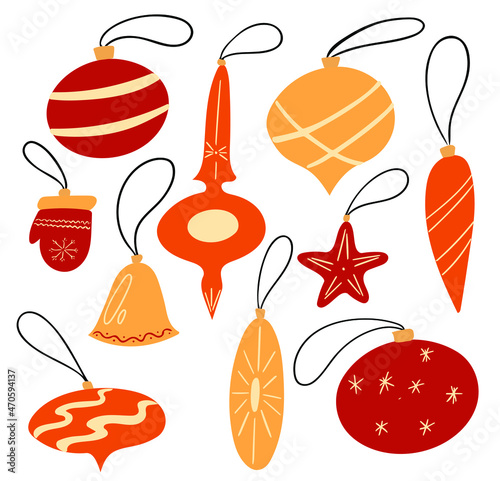 A set of Christmas toys and balloons. Christmas tree decoration. Various forms of Christmas decorations. A set of icons in cartoon style.