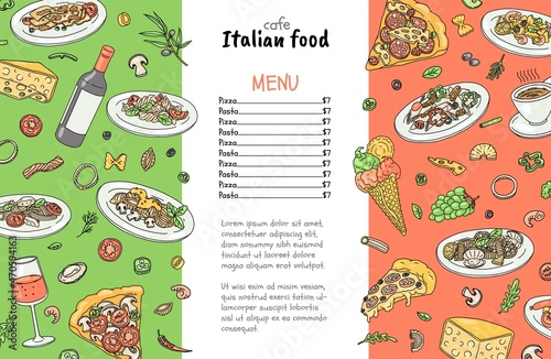 Italian food cafe or restaurant menu card sketch colorful vector illustration.