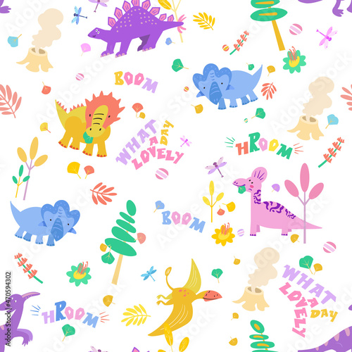 Cute dinosaurs in Jurassic forest. Seamless pattern. What a lovely day  boom  hroom. Lettering hand drawn font on fabric. Scandinavian cartoon childrens illustrations. Vector colored symbols.