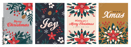 Set of Christmas and Happy New Year Floral Card templates. Christmas cards design with ornaments of branches, berries and leaves. Vector Illustration