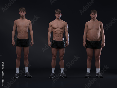 3D Rendering : Comparison of the standing male body type : ectomorph (skinny type), mesomorph (muscular type), endomorph(heavy weight type)
 photo