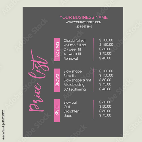 Printable Price Sheet, Price Guide, Hair Salon, Hairdresser, Beauty, Pink Price List Template photo