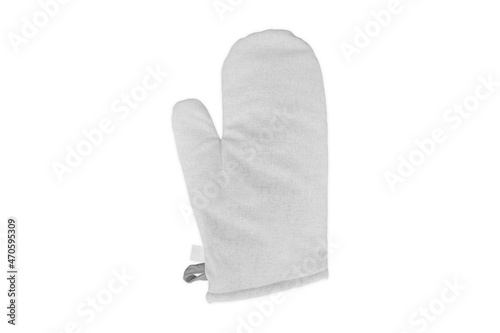 Blank oven mitt mockup template isolated on a white background. 3d rendering. Oven glove for hot dishes isolated on white, top view. photo