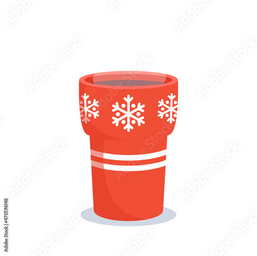 Hot Winter Drink in Red Cup with Snowflakes, Tea, Cocoa, Chocolate or Coffee Beverage. Wintertime Season Holidays Treat