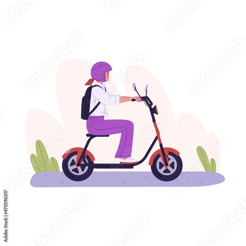 Person riding electric scooter. Woman driving eco moped. Rider in helmet sit on bike seat. Student with backpack travel by modern transport. Flat vector illustration isolated on white background