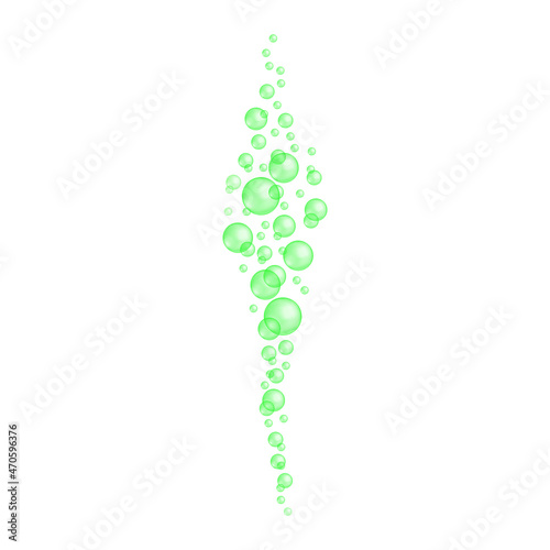 Green underwater bubbles stream. Fizzy carbonated drink, soap suds, shampoo or cleanser foam texture isolated on white background. Vector realistic illustration.