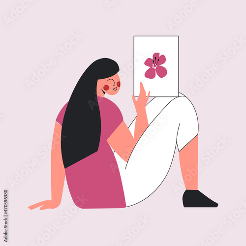 Woman with floral feminine gynecology. Womb wisdom - gynecology and female intimate health concept. Beauty female reproductive system. Woman health, zen and wellness vector illustration