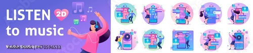 Set Flat Concepts of Teenagers Listen to Music. Young people listen to music through a smartphone. I like music. For Vector Illustrations