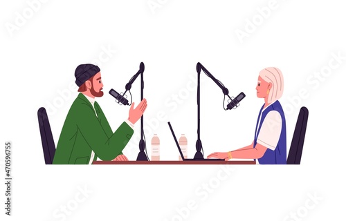People with microphones record podcast in studio. Audio interview for modern radio broadcast. Host and guest communication with mics at table. Flat vector illustration isolated on white background