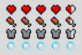 Pixel object patterns. Valuable ores, minerals, resources for crafting. Pixelated hearts, food, meat, armor, air. Elements of an eight-bit game.  Vector illustration EPS 10