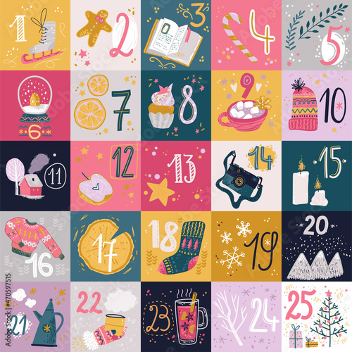 Winter holday cards and advent calendar. Christmas and New Year decorations with numbers.