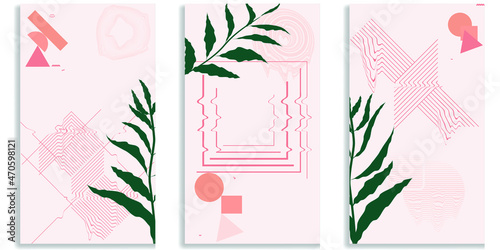 Social media covers with simple design elements . Boho style . Leaves . Post frame stories templates.  Layout for promotion .Media banner .Vector