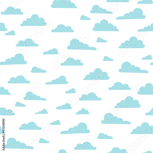Blue sky with clouds vector seamless pattern. Cute white fluffy clouds background for kids fabric, baby clothes, bedding, wallpaper, scrapbooking. Flat, cartoon texture.